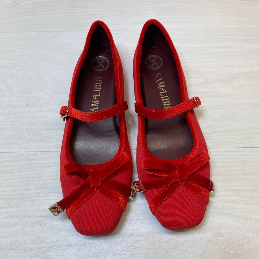 Sam & Libby Womens 8.5 Mary Jane Flat Velvet Bow Red Textile Square Toe Holiday